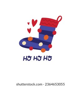 Flat style vector illustration of New Year celebration concept. Christmas sock with hearts around. Hand drawn holiday and Christmas vector card.