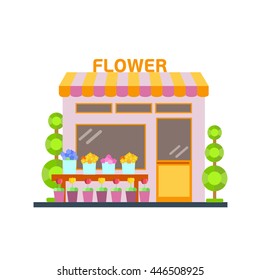 Flat style vector illustration of nice flower shop or cosmetics store building. Isolated on white background.