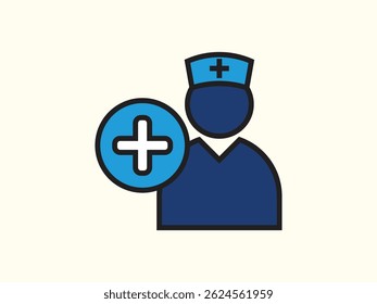 Ilustración vectorial de estilo plano de un ícono de enfermera, con una figura humana simplificada con una gorra de enfermera y uniforme. Diseñado con líneas limpias y minimalismo moderno