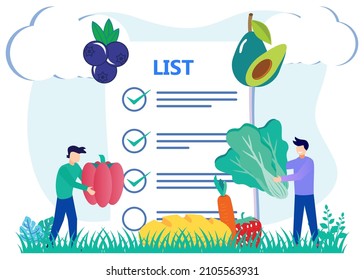 Flat style vector illustration. Nutritional products. Complete shopping trooley. Eat a balanced diet with vitamins, green vegetables, fresh vegetables and fruits. Shop and list of healthy foods.