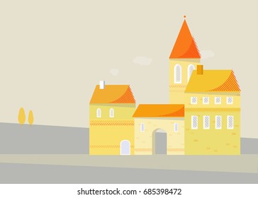 Flat style vector illustration of old town. Vector illustration for background, flat greeting card, poster print.