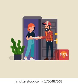 Ilustración vectorial de estilo plano sobre el repartidor de pizza entregando una caja de pizza a un cliente parado en la puerta principal. Concepto de entrega de comida con personajes alegres de sexo masculino y femenino en interiores simples