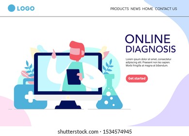 Flat style vector illustration of online doctor consultation technology. Laptop with first aid kit and test tube. Medical consultation and treatment landing page template