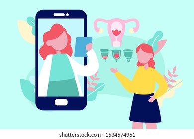 Flat style vector illustration of online doctor consultation technology with patient. Woman health, menstruation problems. Medical consultation and treatment app