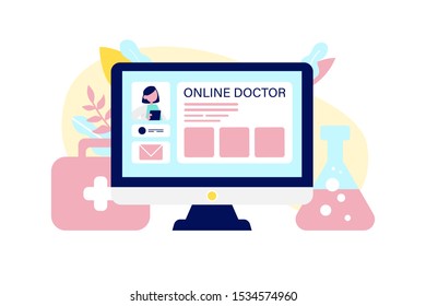 Flat style vector illustration of online doctor choosing technology. Laptop with first aid kit and test tube. Medical consultation and treatment