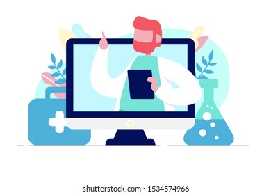 Flat style vector illustration of online doctor consultation technology. Laptop with first aid kit and test tube. Medical consultation and treatment