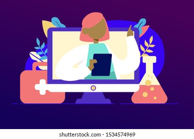 Flat style vector illustration of online doctor consultation technology. Laptop with first aid kit and test tubeon dark gradient background. Medical consultation and treatment