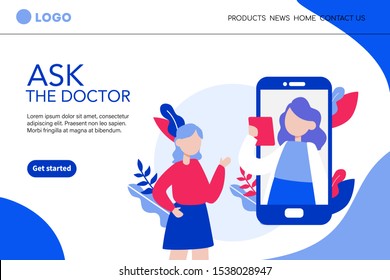 Flat style vector illustration of online doctor consultation technology with patient. Woman health. Medical consultation and treatment app. Landing page template