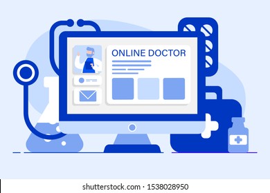 Flat style vector illustration of online doctor choosing technology. Laptop with first aid kit and test tube. Medical consultation and treatment