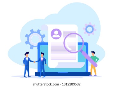 Ilustración vectorial de estilo plano. Contratación en línea, el jefe selecciona a los mejores candidatos para nuevos empleados, nueva contratación de empleados. Diseño de páginas web y desarrollo móvil.