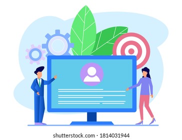 Ilustración vectorial de estilo plano. Contratación en línea, el jefe selecciona a los mejores candidatos para nuevos empleados, nueva contratación de empleados. Diseño de páginas web y desarrollo móvil.