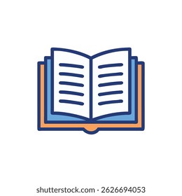 A flat style vector illustration of an open book icon. Clean and simple design on a White Background.