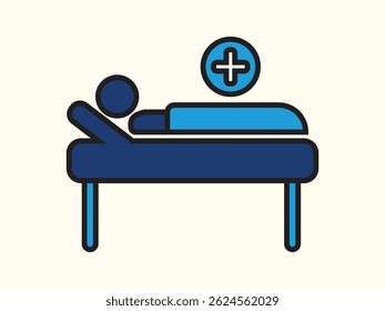 Flat style vector illustration of a patient icon, depicting a simplified human figure in a hospital gown or lying on a medical bed. Designed with clean lines and a minimalist aesthetic