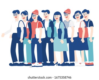 Ilustración vectorial plana de personajes de caricatura. Hombres y mujeres jóvenes felices usando bolso de tote. El concepto ecológico. Toda la vida. Gente usando bolsa reutilizable. Sociedad ecológica. Atención al medio ambiente.