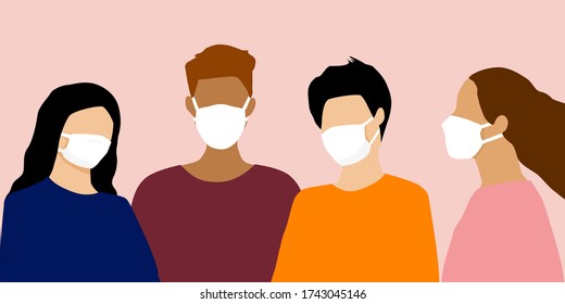 Ilustración vectorial plana de personas con máscaras médicas previene la corvid 19, la contaminación del aire y el riesgo de enfermedades virales. Atención médica y concepto de seguridad. 