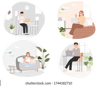 Ilustración vectorial de estilo plano de las personas que trabajan en línea, conferencia de reunión en casa o en cualquier lugar. Cuarentena de Coronavirus, distancia social.