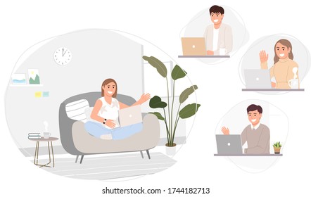 Flat style vector illustration of people working online, meeting conference at home or anywhere. Coronavirus quarantine, Social-distance.