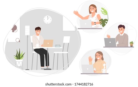 Flat style vector illustration of people working online, meeting conference at home or anywhere. Coronavirus quarantine, Social-distance.