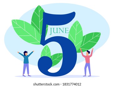 Flat style vector illustration, people are preparing for a special day, saving the planet, World Environment Day, Bio technology, number 5 icon.