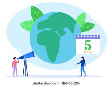 Flat style vector illustration, people are preparing for a special day, saving the planet, World Environment Day, Bio technology, number 5 icon.