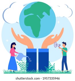 Flat style Vector Illustration. People care for and protect the Earth. Socialist character and Watering Trees, Measuring Planetary Temperature. Concept of Global Warming and Climate Change.