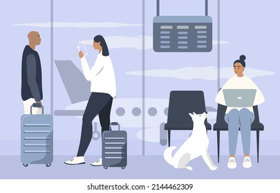 flat style vector illustration - people sitting with suitcases in airport waiting room
