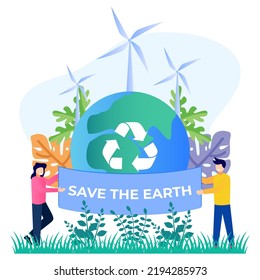 Ilustración vectorial de estilo plano. La gente se preocupa y protege la Tierra. El carácter de la persona despliega una pancarta que lee la protección de la tierra.