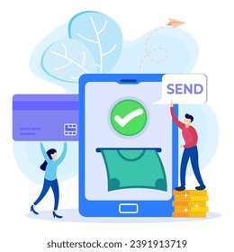 Ilustración vectorial de estilo plano de los personajes de la gente que utilizan la aplicación de banca móvil, transferencia de dinero en línea, concepto de banca neta