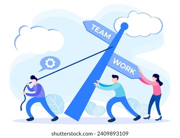 Flat style vector illustration, people characters together building teamwork, abstract design graphics, construction business project.