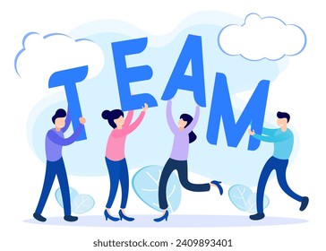 Flat style vector illustration, people characters together building teamwork, abstract design graphics, construction business project.