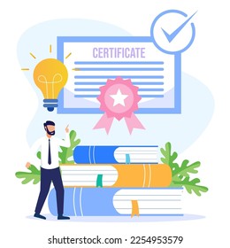 Ilustración vectorial de estilo plano de un personaje que recibe un premio. Un documento de certificado para la obtención de un diploma o premio para la obtención de competencias o conocimientos.