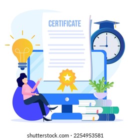 Flat style vector illustration of a person character receiving an award. A certificate document for an award or diploma for the attainment of skills or knowledge.