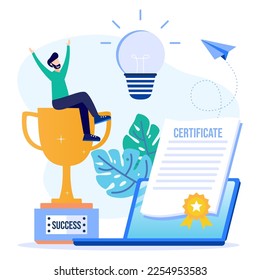 Flat style vector illustration of a person character receiving an award. A certificate document for an award or diploma for the attainment of skills or knowledge.