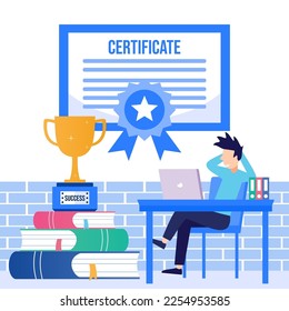 Flat style vector illustration of a person character receiving an award. A certificate document for an award or diploma for the attainment of skills or knowledge.