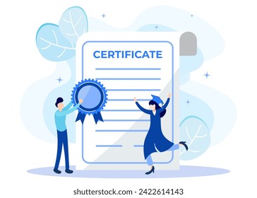 Flat style vector illustration of a person character receiving an award. A certificate document for an award or diploma for the attainment of skills or knowledge.