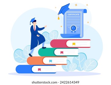 Ilustración vectorial de estilo plano de un personaje que recibe un premio. Un documento de certificado para la obtención de un diploma o premio para la obtención de competencias o conocimientos.
