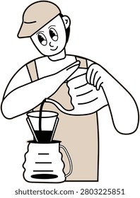A flat style vector illustration of a person pouring coffee into a glass carafe, wearing a cap and apron, with a cheerful expression, suitable for coffee shop or beverage industry use.