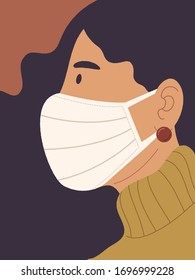 ilustración vectorial de estilo plano retrato de muchacha con máscara para prevenir la contaminación del aire, virus, gripe y COVID-19. Dibujo de diseño de personaje femenino.
