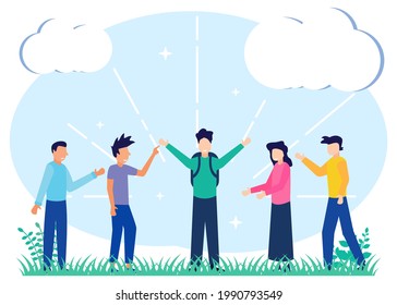 Flat style vector illustration Portrait of a row of diverse business people or a team standing together. Group of young men and women specialists from different circles in casual wear isolated.