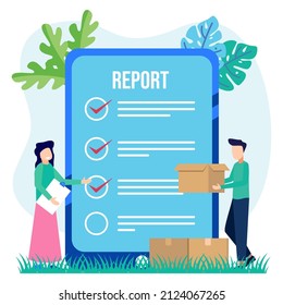 Flat style vector illustration. A positive business woman checks the direction marked by the report on the whiteboard paper. Successfully complete business tasks.