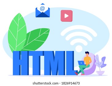 Flat style vector illustration, powerful programmer coding website on laptop besides word HTML, creating web and network.