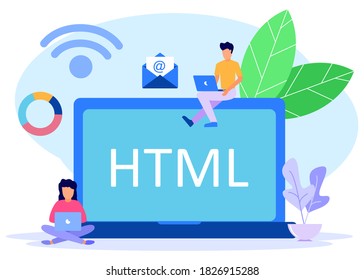 Flat style vector illustration, powerful programmer coding website on laptop besides word HTML, creating web and network.