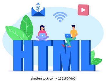 Flat style vector illustration, powerful programmer coding website on laptop besides word HTML, creating web and network.