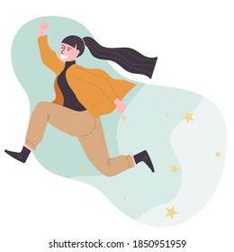 Flat style vector illustration of powerful and joyful cartoon woman character jumping toward the sky with star background. Follow the dream concept.