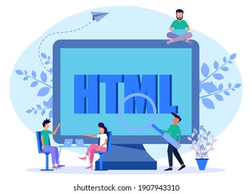 Flat style vector illustration, powerful programmer coding website on laptop besides word HTML, creating web and network.