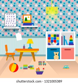 Flat style vector illustration. Preschool kid room interior. 