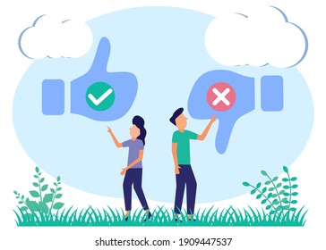 Flat style vector illustration. Pros and cons. The choice between positive and negative arguments for the final decision. Evaluate benefits in brainstorming research.