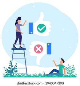 Flache Vektorgrafik. Vor- und Nachteile. Die Wahl zwischen positiven und negativen Argumenten für die endgültige Entscheidung. Bewertung der Vorteile bei der Brainstorming-Forschung.