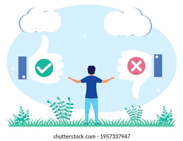 Flat style vector illustration. Pros and cons. The choice between positive and negative arguments for the final decision. Evaluate benefits in brainstorming research.