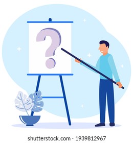 Flat style vector illustration of question and answer concept surrounding exclamation marks and question marks, answers to metaphorical questions.